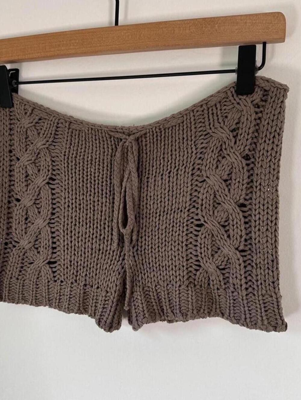 Chan Luu Crochet Knit Shorts XS Brown Boho Cable Knit Drawstring Festival Beach - Picture 4 of 8